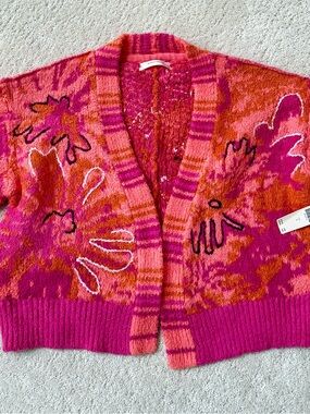 Anthropologie Pink & Orange Floral Embroidered Knit Cardigan